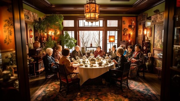 Una imagen de invitados sentados en un salón de té tradicional disfrutando del ambiente tranquilo y saboreando la