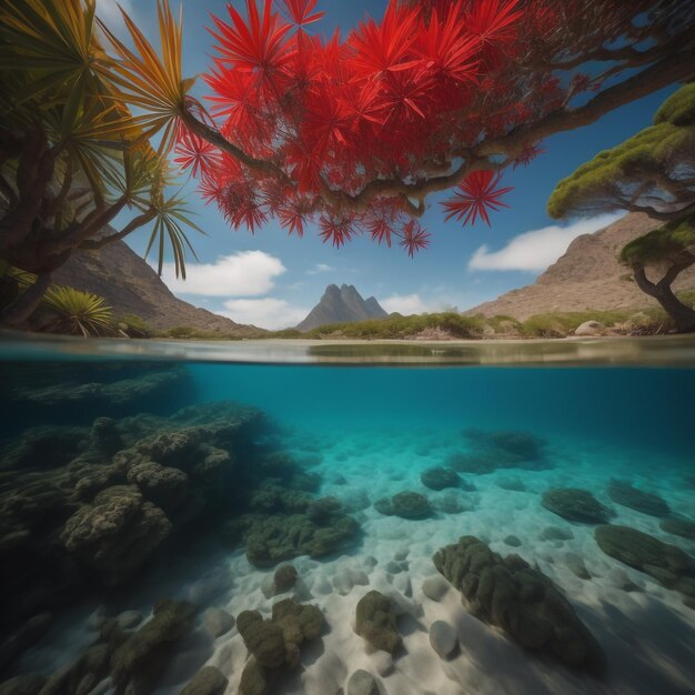 Foto una imagen de una isla tropical con una flor roja en el agua.