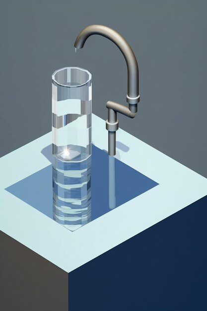 una imagen isométrica en 3D de un único grifo básico que gotea agua en un vidrio transparente