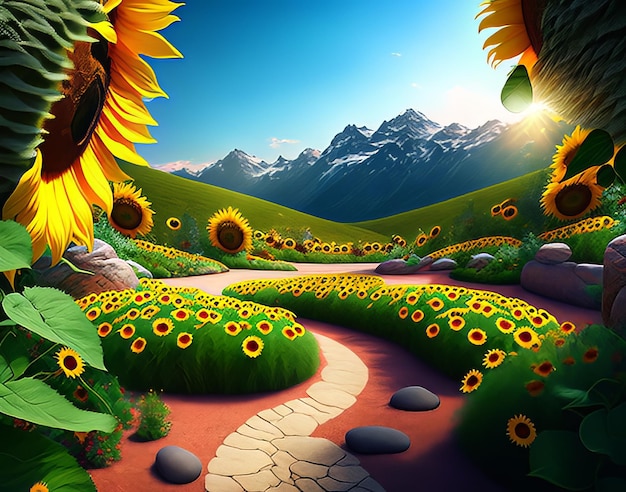 Una imagen de un jardín de girasoles con un sinuoso camino de piedra