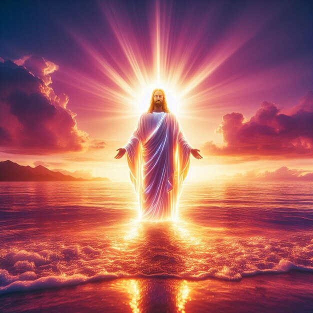 Foto imagen de jesús en el agua con el sol brillando sobre el agua