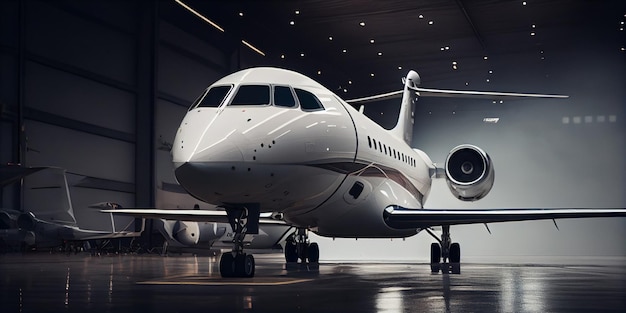 Imagen de un jet privado blanco que está en el hangar esperando pasajerosGenerative AI