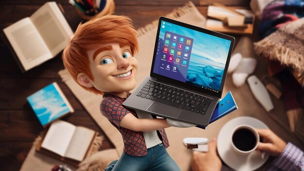 Foto imagen de un joven alegre con la cabeza leída sosteniendo una computadora portátil