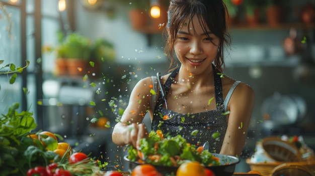 En esta imagen una joven ama de casa sostiene un tazón de ensalada usando un tenedor para raspar los residuos las verduras podridas se desechan en la basura o el contenedor de basura una forma responsable de deshacerse de