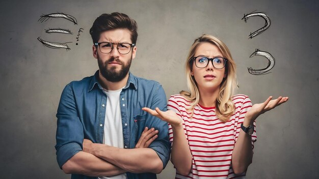 Foto imagen de un joven barbudo y una mujer rubia ambos con gafas de pie y expresando indignación