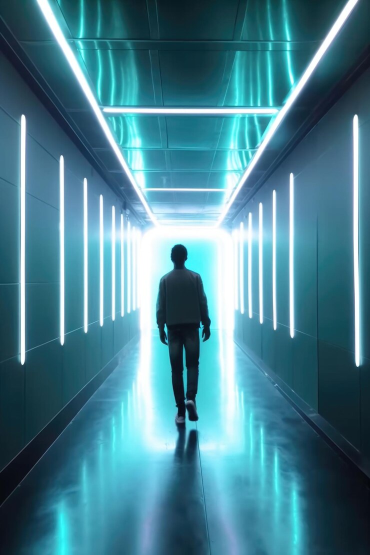 Imagen de un joven caminando por un pasillo futurista en creado con IA generativa