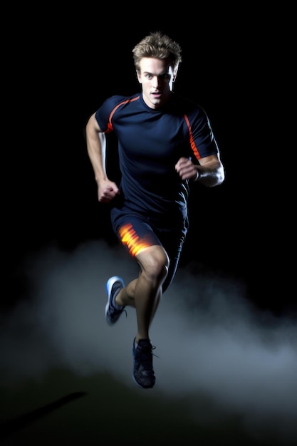 Imagen de un joven deportista corriendo sobre un fondo oscuro con humo y luces IA generativa