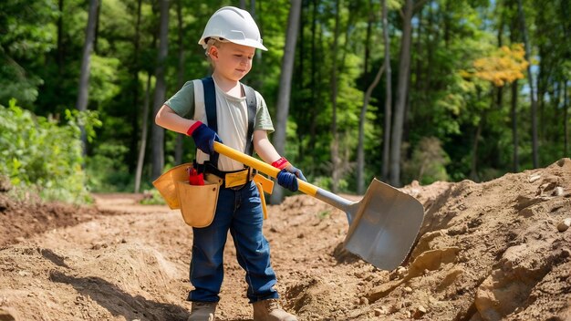 Foto imagen de un joven excavador con guantes, casco blanco y cinturón de herramientas llevando una pala