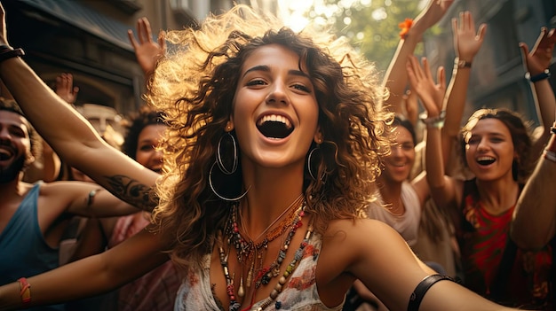 Imagen de una joven hippie alegre bailando en un festival de música mirando a un lado