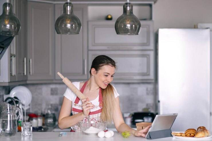 Foto imagen de joven mujer alegre de pie en la cocina y cocinando th