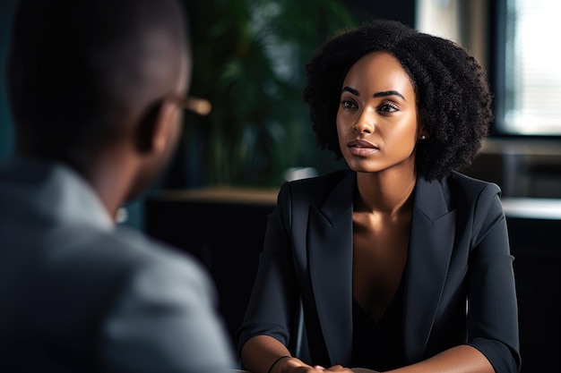 Imagen de una joven mujer de negocios teniendo una entrevista cara a cara con su jefe en una oficina