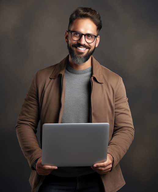 Foto imagen de un joven positivo feliz optimista apuesto hombre barbudo posando aislado sobre la pared gris