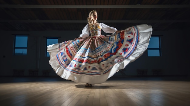 Una imagen de una joven que realiza con gracia una danza tradicional ucraniana con faldas que fluyen y