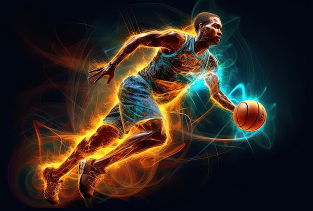 una imagen de un jugador de baloncesto con una pelota al estilo de un flujo de energía dinámico