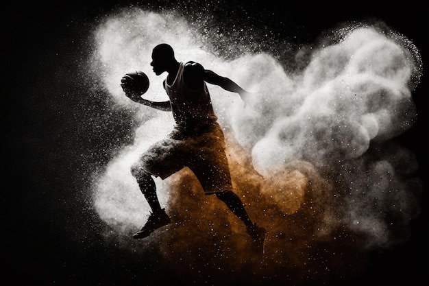 Imagen de jugador de baloncesto saltando con vista de bola de polvo y humo