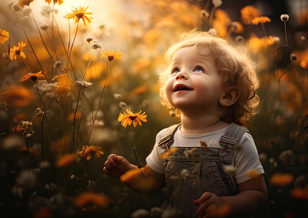 Una imagen juguetona de un bebé pecoso sentado en un campo de coloridas flores silvestres. La cámara está