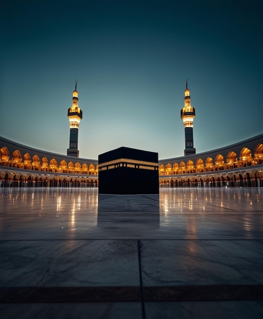 Una imagen de la Kaaba Sharif vacía con luna y estrella