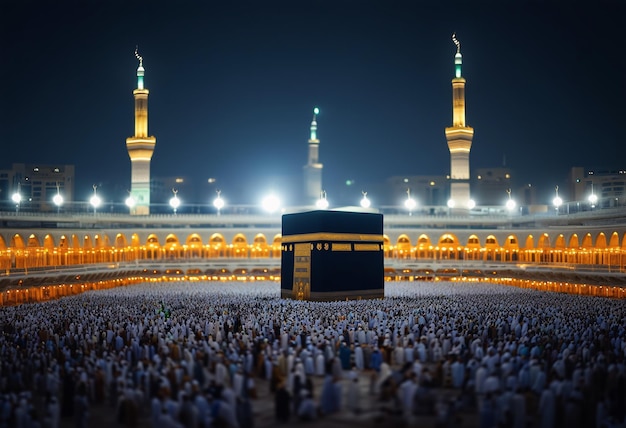 Una imagen de la Kaaba Sharif vacía con luna y estrella