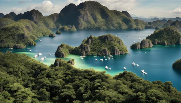 Foto una imagen de un lago con botes en él