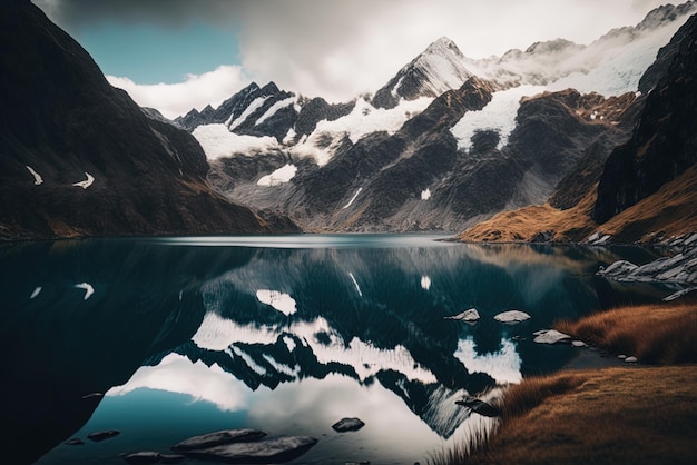 Imagen del lago Marian de Nueva Zelanda y las montañas circundantes en primer plano