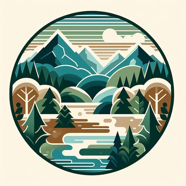 una imagen de un lago de montaña y árboles con un río y montañas en el fondo