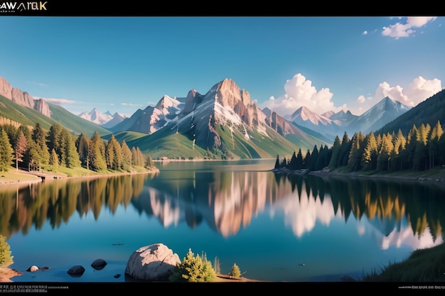 Una imagen de un lago de montaña con una montaña al fondo.