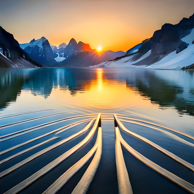 Una imagen de un lago con montañas al fondo y una puesta de sol al fondo.