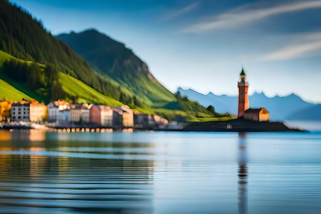 Foto una imagen de un lago con una torre del reloj en el fondo