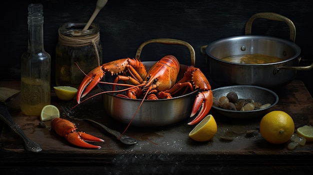 Una imagen de langosta en una olla en una mesa