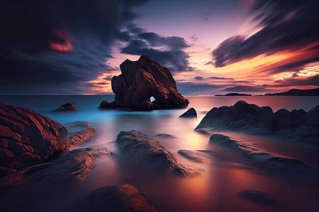 Imagen de larga exposición del espectacular paisaje marino del cielo con roca al atardecer Generativo Ai