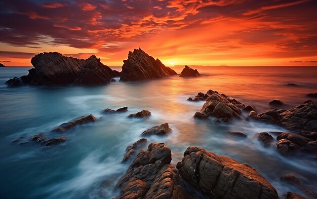 Imagen de larga exposición de paisajes marinos dramáticos del cielo que capturan la grandeza de la naturaleza