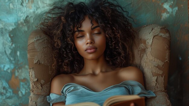 Foto la imagen lateral muestra a una joven afroamericana con una camiseta bebiendo café leyendo un libro y relajándose en un sillón en su sala de estar.