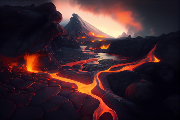 Una imagen de lava que fluye por la ladera de una montaña generativa ai