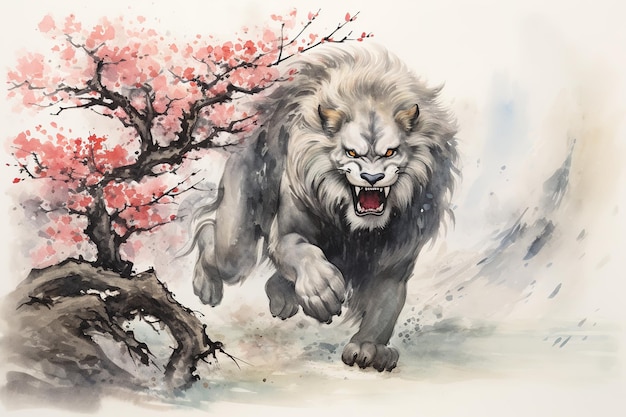 Imagen de león corriendo con flores de cerezo rosadas en estilo chino antiguo Vida silvestre Animales Naturaleza Ilustración Generativa AI