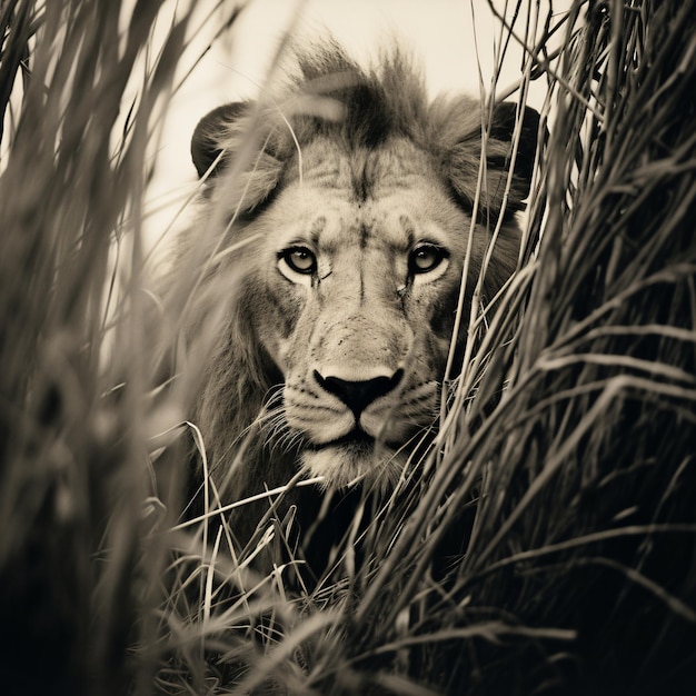 una imagen de un león en la hierba alta en el estilo de los depredadores en la sabana salvaje de África