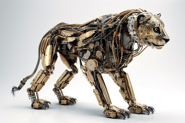 Imagen de una leona modificada en un robot sobre un fondo blanco Ilustración de animales salvajes IA generativa