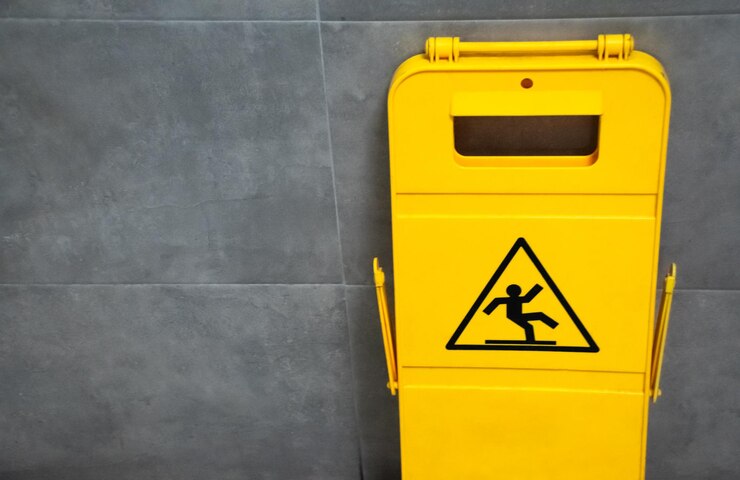 Imagen del letrero amarillo de piso mojado en plástico dentro del baño con fondo de mosaico azul
