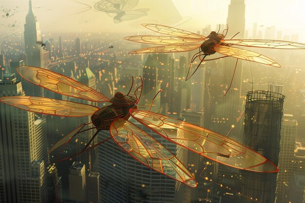 una imagen de una libélula volando sobre una ciudad