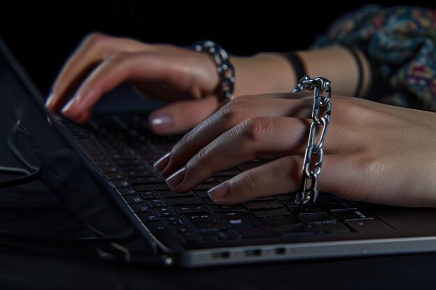 Foto imagen de libertad de prensa las manos de las mujeres atadas portátil inaccesible día mundial de la libertad de prensa