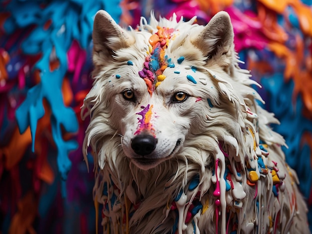 Foto imagen libre de un lobo con cabello de colores y cuentas de colores en la cabeza