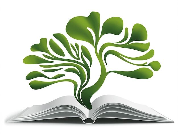Una imagen de un libro abierto y un árbol verde abstracto que crece Ilustración del concepto de conocimiento educativo