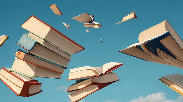 Imagen de libros voladores en técnica mixta.