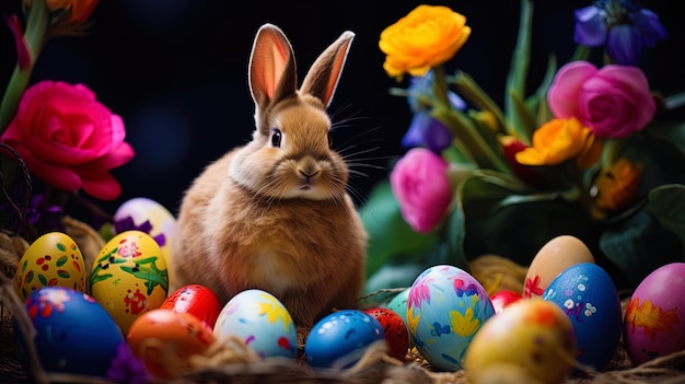 Una imagen con una liebre de Pascua decorada con flores y huevos