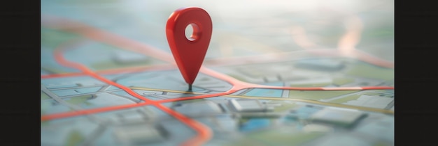 Una imagen limpia y moderna de un alfiler de ubicación rojo colocado en un fondo de mapa ideal para aplicaciones de navegación y servicios de viajes IA generativa