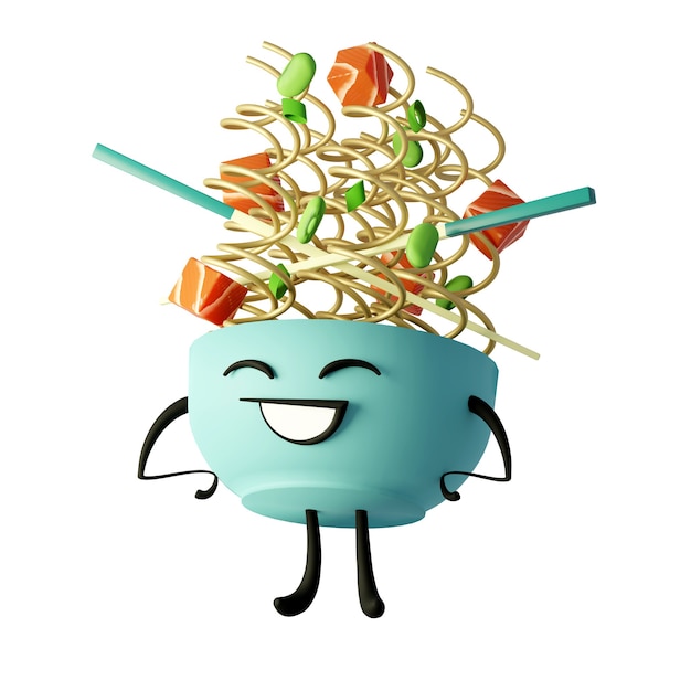 Imagen linda generada en 3D de un tazón de fideos sobre un fondo blanco Tazón de ramen kawaii de dibujos animados