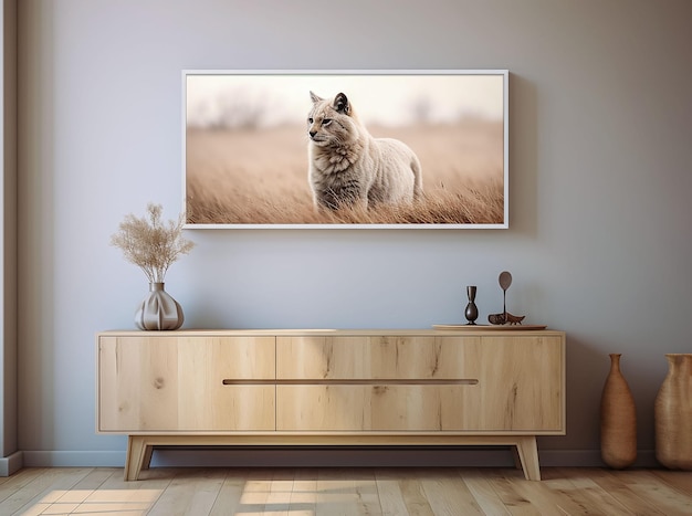 Imagen de un lindo animal en la pared sobre un mueble en una sala de estar