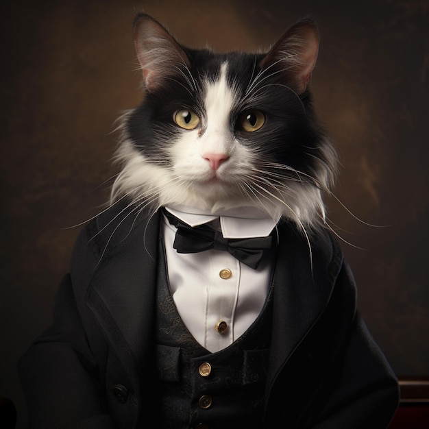 una imagen de un lindo gato de tuxedo hermoso como si fuera humano de 1890 año