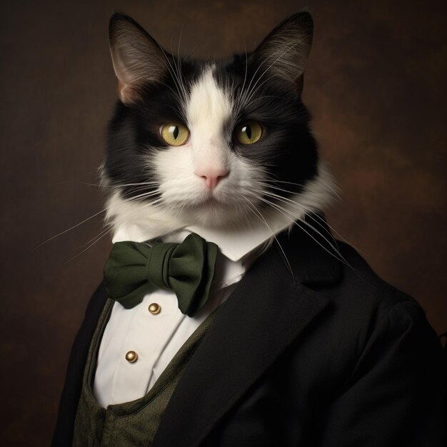 una imagen de un lindo gato de tuxedo hermoso como si fuera humano de 1890 año