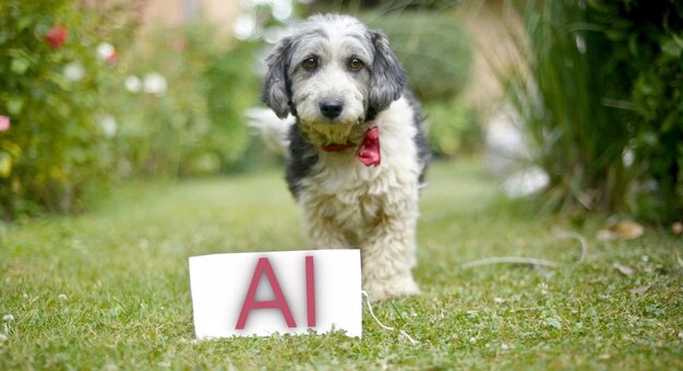 Imagen de un lindo perro callejero adoptado en blanco y negro sobre una tarjeta de hierba verde con texto AI