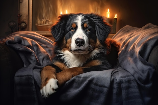 Imagen de un lindo perro de montaña bernese tendido en el sofá Animales de compañía Ilustración IA generativa